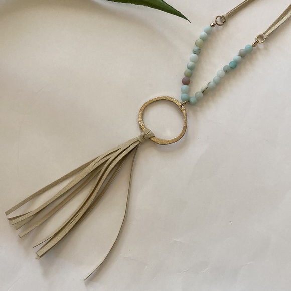 Long Faux Suede, Bead & Tassel Necklace - Picture 2 of 9